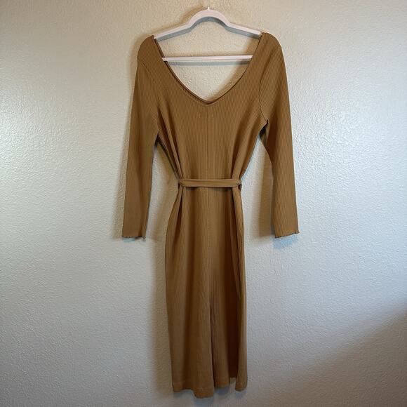 Pact Dress Ribbed Jazz Brown Camel Size Large Long Sleeve Belted Midi Organic - Picture 3 of 11